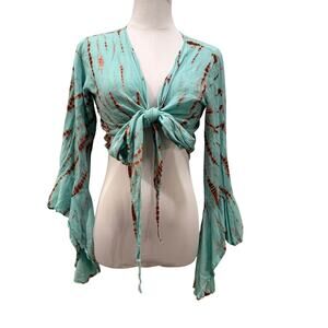 Aqua Blue Tie Front Tie Dye Crop Long Bell Sleeve Crop Top S/M Fairy Mermaid Y2K